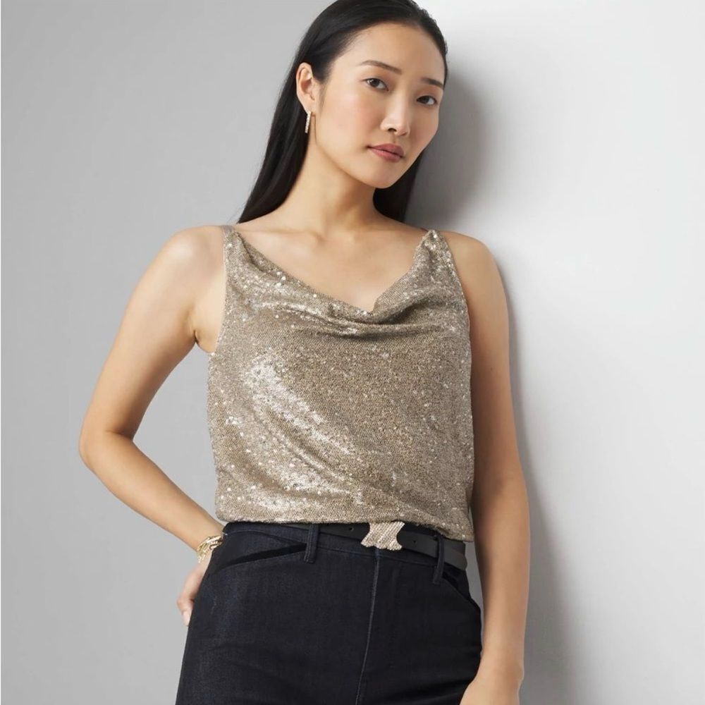 WHBM White House Black Market Silvery Gold Sequin Cowel Tank Top